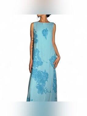 Vintage Blue Maxi Dress W Floral Pattern by J.B.S